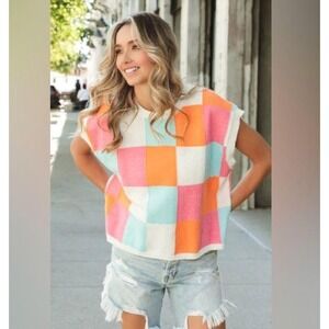 Olivacious Women's Checkerboard Knit Vest Top S Sleeveless Cropped Sweater